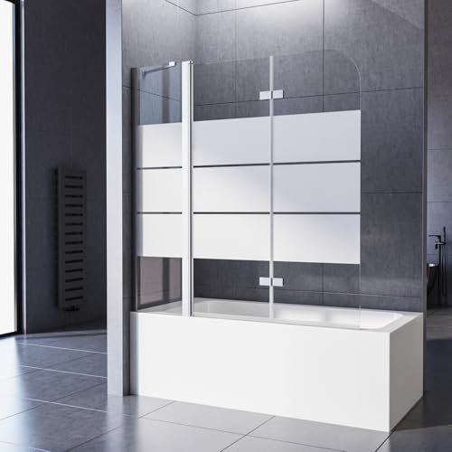 WOWINNE Duschwand für Badewanne Horizontale Streifen 160x140cm 3-teilig Badewannenaufsatz Pendeltür Duschabtrennung Badewannenwand 5 mm ESG Glas