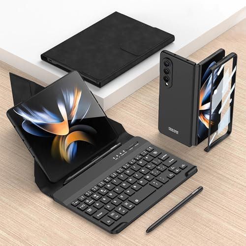 JZCZMCE Tastatur Hülle für Samsung Galaxy Z Fold 4, Magnetische Abnehmbare Kabellose Tastatur mit S-Pen-Halter [Tastatur + Hülle + Kapazitiver Stift],Schwarz