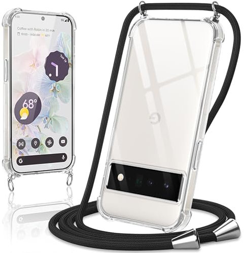 Coiwxmoi Handyband Handyhülle für Google Pixel 6 Pro Hülle mit Band 6.71,Transparent Case mit Kette Abnehmbar zum Umhängen Kordel Schutzhülle,Weich Silikon TPU Stoßfest Cover,Schwarz