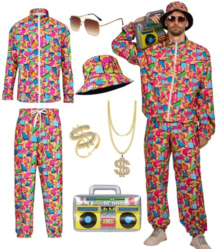Ginkago 80s 90er Jahre Outfit Herren Retro 80er Kostüm mit Jacke Hose Hut Hip-Hop Halskette Ringe Aufblasbares Radio Disco Brille, Trainingsanzug Kostüm für Mottoparty Karneval (Orange, L)