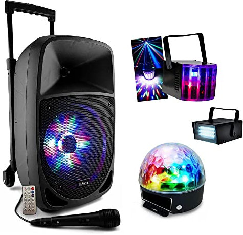 Party Light & Sound - Enceinte Nomade sur Batterie Karaoke 300W Bluetooth PARTY-8LED - Tuner - Ensemble Jeux lumière PARTY-3PACK Musique Fête Soirée