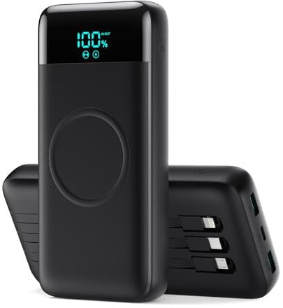 Ekrist Power Bank Wireless 26800mAh con 3 Cavi, 7 in 1 Caricatore Portatile Wireless Ricarica Rapida 25W PD3.0+QC4.0, Display LCD Batterie Esterna 6 Uscite Compatibile con iPhone Huawei Samsung ecc.