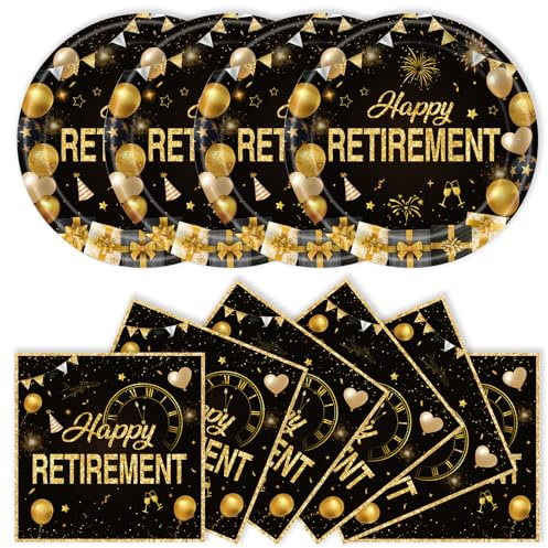 40Pcs Retirement Paper Plates and Napkins Party Supplies, Disposable Happy Retirement Decorations Party Plates Napkins Black Gold Tableware Set for Men Women
