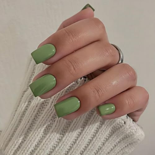 KQueenest Acrylic Press on Nails Short Medium Square, Green False Nails Short Coffin, Glossy Natural Solid Color Fake Nails Set, Reusable Gel Stick on Nail for Women Finger Daily Wear 24 Pcs