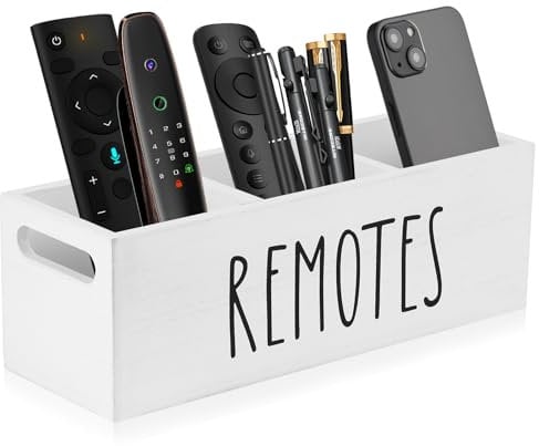 BTBHIHO Wooden Remote Control Holder with 2 Compartments, White TV Remote Storage Organizer with Handles on Both Sides, Nightstand Caddy, Wooden Media Storage Box for TV Controllers Living Room