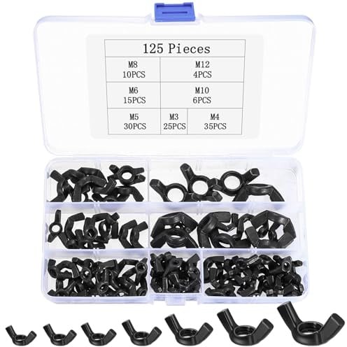 125 Stück Flügelmuttern Sortiment Kit, Schmetterlingsmuttern, M2 M4 M5 M6 M8 M10 M12 Flügelmuttern Schwarz, Metrische Flügelschrauben, Wing Nuts für Möbel Ausstattung DIY