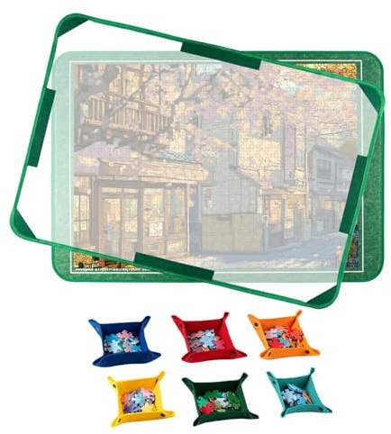 GREENSAPPIRE Jigsaw Puzzle Board 1000 Pieces Non-Slip Lightweight Portable Puzzle Board with 6 Sorters 1 Cover Portable Puzzle Storage Jigsaw Case Large Jigsaw Puzzle Organizer for Adults (Green)