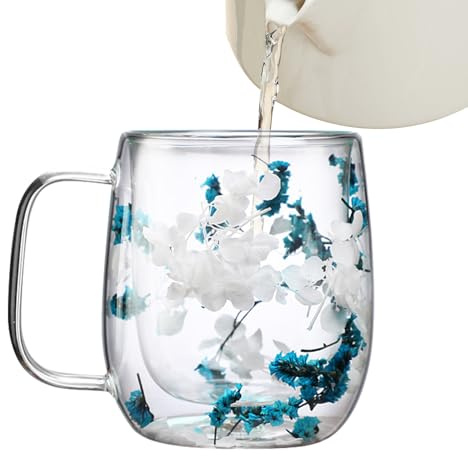 Jsnwernb Tasse à café en verre à double paroi de 250 ml, motif fleurs séchées blanches et bleues, tasse à café en verre transparent avec poignée ergonomique pour femmes, mamans, filles, amies