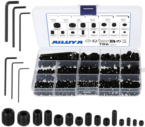786 Pcs Grub Screws Assorted, M2.5 M3 M4 M5 M6 M8 Allen Head Socket Set Screw, Black Alloy Steel Hex Grub Screw Assortment Kit with 6x Wrenches, Hex Socket Head Set Screws for Door Handle Knob Lights