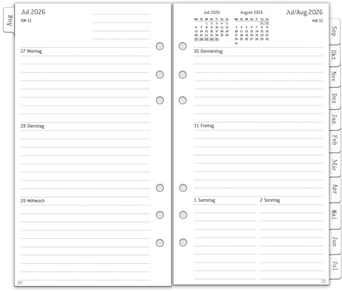 2026 2027 Wochenplaner Einlage Personal A6, Deutsch, 6 Löcher, 1 Woche 2 Seiten mit Tabs, Notizen, Kontakt, Aug 2026-Jul 2027, 100 GSM Kalendereinlagen für Kalender 2026/27 Planer Organizer, 95x171mm