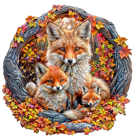 Jigfoxy Wooden Puzzles for Adults, Fox Family Wooden Jigsaw Puzzles | 290pcs Unique Animal Shape Wood Puzzles, Christmas Birthday Gifts for Family Friend with wooden box(13.4*13.4in)
