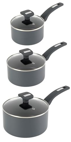 Salter Alto Saucepan Set, 3 Piece, 16/18/20 Cm, Non Stick, Glass Lids | Recycled Pressed Aluminium Body, PFOA Free Coating, Induction Suitable, Cool Touch Bakelite Handles, Steam Vent Lids