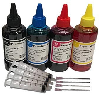 BVH Direct 4 x 100ml Black cyan Magenta yellow Bottled ink compatible with HP, CANON, BROTHER,LEXMARK and Kodak ink Refillable Ciss cartridge Sytems includes blunt needle and syringe for refilling