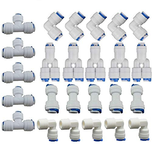 Lemoy Quick Connect Steckverschraubungen zum Befestigen von 0,6 cm OD Wasserschlauch für Umkehrosmoseanlagen und Wasserfilter, 25 Stück (Typ L+T+Y+I+Ellenbogen-Kombination)