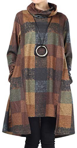 FTCayanz Damen Rollkragen Tunika Kleid Vintage Langarm Kariert Shirt A-Linie Pullover Oberteile mit Taschen Gelb XXL