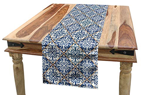 ABAKUHAUS marokkanisch Tischläufer, Azulejo Keramik Motiv, Esszimmer Küche Rechteckiger Dekorativer Tischläufer, 40 x 180 cm, Creme Blau