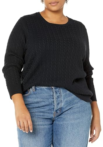 Amazon Essentials Jersey de Cuello Redondo y Manga Larga en Ligero Punto Trenzado (Disponible en Tallas Grandes) Mujer, Negro, M
