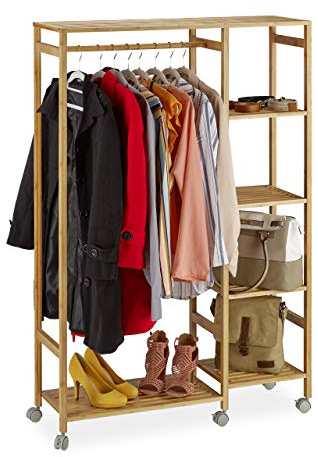 Relaxdays Rollgarderobe Bambus, mobiler Kleiderständer, 6 Ablagen, offen, Garderobenstange, HBT 136,5 x 32 x 11cm, natur
