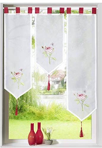 heimtexland ® Typ672 Lot de 3 rideaux brise-bise brodés Motif roses et passants rouges