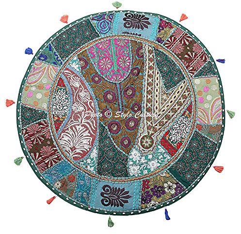 Stylo Culture Indisch Dekorativ Rund Bodensitzkissen 70 x 70 cm Groß Bodenkissenbezug Boho Vintage Dunkelgrün Bohemien Patchwork Sofa Sitzkissen Baumwolle Bestickt Bodenkissen Indoor