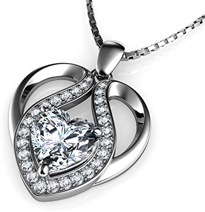 DEPHINI Crystal Heart Necklace – 925 Sterling Silver, Cubic Zirconia Pendant, Rhodium Plated Jewellery for Women (White 3)