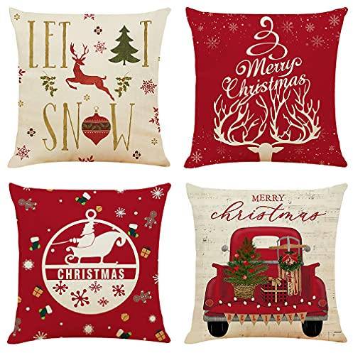 Deko Kissenbezug 45x45 4er Set Kissenbezüge Hirsch Weihnachten Leinen für Gartenlounge Couch Dekokissen Kuschelkissen Wohnzimmer Kissenhülle Garten Outdoor Kissen Sofakissen Couchkissen Zierkissen
