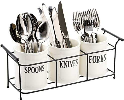 Bekith 3-teilig Keramik Einmachglas Besteckhalter Utensilienhalter Besteck Organizer aus Keramik mit Metallgestell, Besteck, Löffel, Gabel Organizer für Küchentisch, Schrank oder Speisekammer