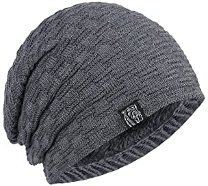 Andiker Herren Winter Strickmütze Beanie Cap mit Warm Fleece Gefüttert, grau, Einheitsgröße