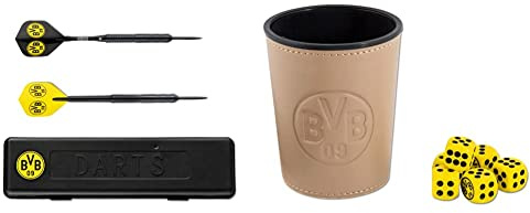 Borussia Dortmund BVB-Dartpfeile mit Aufbewahrungsbox, Schwarz/gelb & BVB-Würfelbecher-Set, 7 Stück (1er Pack)