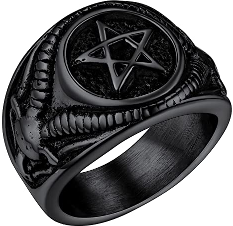 FaithHeart Punk Herren Satan Pentagram Fingerring Schwarz Siegelring Jungen Partnerring Freundschaftsring für Valentinstag Weihnachten