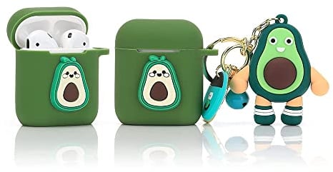 Derhom Airpods Schutzhülle aus Silikon, niedlich, lustig, kompatibel mit Apple Airpods 1 und 2 [Cartoon-Gürtel, Puppen-Serie] (Avocado)