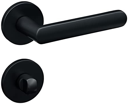 Gavroche Türgriffe Schwarz Matt Set WC/Bad | Türklinken für Innentüren | Drückergarnitur für Zimmertür mit runder Rosettengarnitur aus Zink Türbeschlag in L-Form
