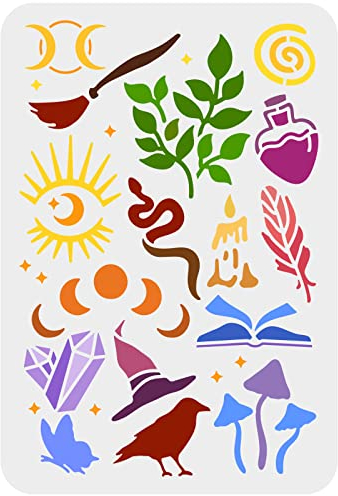 FINGERINSPIRE Pochoirs Thème de la Créativité 29.7X21cm Pochoirs pour Sorcières Phases de la Lune Etoile Oeil Du Diable Serpent Bougie Oiseau Papillon Feuilles Divination Board Pochoir pour Peinture