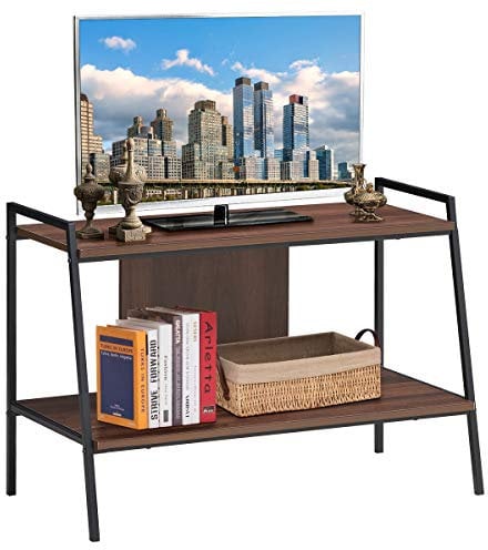 COSTWAY Mesa de TV, Centro de Entretenimiento de TV, Mesa Multimedia de Madera de 2 Niveles, para TV de hasta 32 Pulgadas, 89 x 43 x 60 cm, Nogal