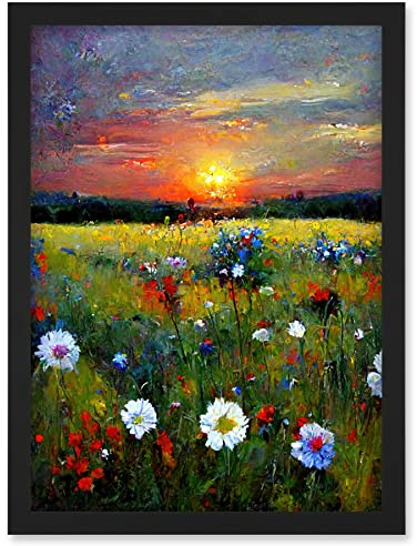 Doppelganger33 LTD Wildflower Floral Landscape Sunrise Oil Artwork Framed Wall Art Print A4