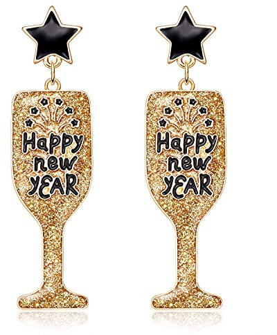 Happy New Year's Eve Champagne Bottle Earrings for Women Glitter Wine Glass Drop Dangle Earrings Christmas New Year Party Holiday Earrings Accessory Jewelry Gifts, 3.55 inches by 0.75 inches, Metal