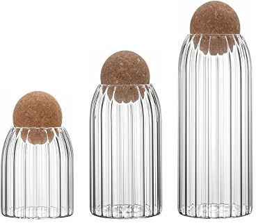 Hniuyun 3pcs/set of glass food storage jars with spherical cork lids, bamboo glass storage containers with good seal, suitable for kitchen pantry for tea, coffee, sugar, flour, spices, etc.