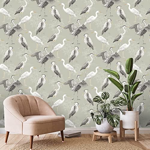 Dimension Heron Wallpaper - Modern Wallpaper for Living Room, Bedroom, Fireplace - Decorative Luxury Nature Wall Paper with Hand-Drawn Herons & Trees (White/Grey/Sage Green)