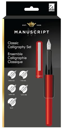 MANUSCRIPT Classic Calligraphy Set (Right-Handed) – 12-Piece Calligraphy Pen Set for Beginners with 1x Fountain Pen, 4x Ink Cartridges in Four Colours, 5x Nibs, Ink Convertor & Guidelines Sheet