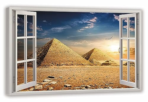 HUBDECO Leinwandbild Fensterblick Ägypten-Pyramiden Bild 120x80 cm - Landschaftsbilder auf Leinwand - Wandbilder Wohnzimmer - Bild Fenster mit Ausblick - Aesthetic Room Decor - Wanddeko Schlafzimmer
