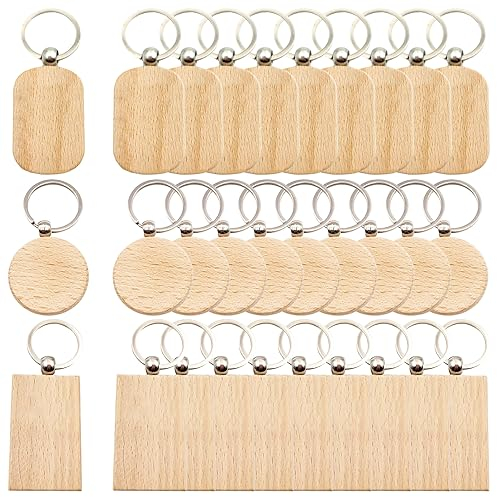 Pamtns Porte Clé Bois 30 Pièces Porte Clef Personnalisable Porte Étiquettes en Bois Bricolage Vierge Porte Clés Bois Brut Porte Clés en Bois Naturel Chaîne de Clé à Graver pour Cadeau Décoration