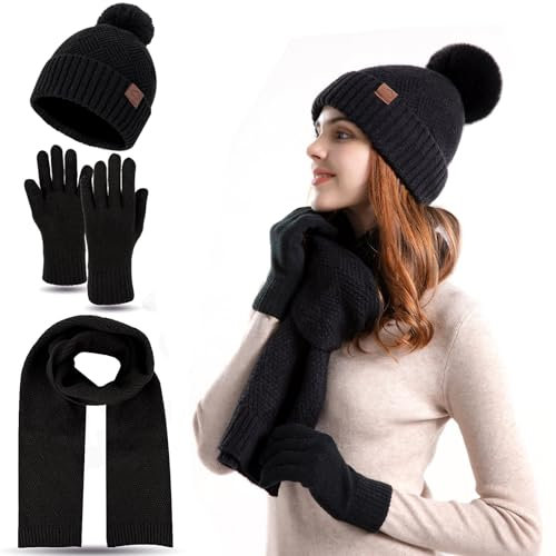 FUBABCO Wintermütze Schal Handschuhe Set Damen, Winter Warm Beanie Mütze Touchscreen Handschuhe und Lang Schal Set mit Fleecefutter Thermo Strickmütze Winterschal Winterhandschuhe (Schwarz)