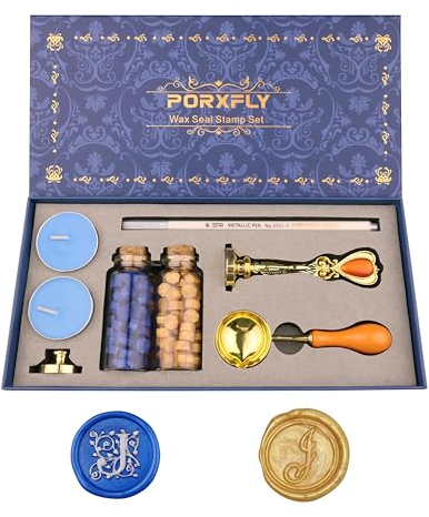 PORXFLY 2 Stück Letter J Wachs-Siegel-Stempel-Set, Initial Alphabet Wachs-Siegels-Stempel-Kit Vintage Geschenk-Box, A bis Z Buchstaben-Serie Stempel für Hochzeit Einladungen, Umschläge (J)