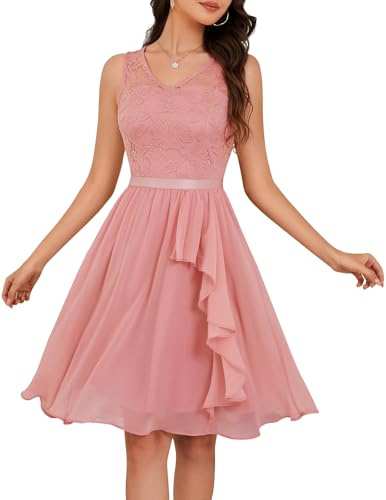 Meetjen Robe de cocktail 2025 pour femme avec ourlet mouchoir en dentelle formelle pour invitées de mariage, demoiselle d'honneur, bal de fin d'année, Mousseline en dentelle rose poudré, Taille M
