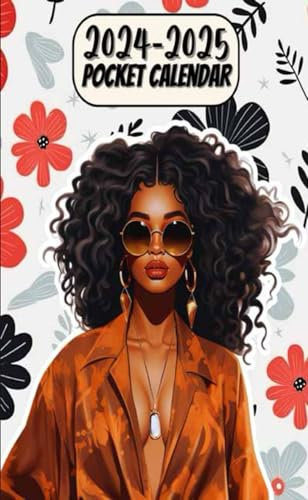 Black Women Pocket Calendar 2024-2025: 2 Year African American Monthly Planner January 2024 to December 2025 Small Size For Purse | Red and Black Flowers Design...Gift Idea.