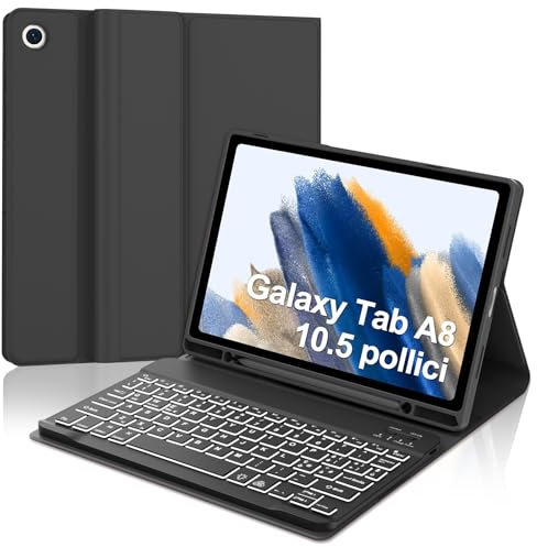 WINCHKING Tastiera per Samsung Galaxy Tab A8, Cover con Tastiera Galaxy Tab A8 10.5, Custodia Tastiera Italiana Magnetic Bluetooth Retroilluminata per Samsung Galaxy A8 Tab (SM-X200/X205/X207), Nero