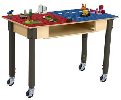 Wood Designs Time-2-Play Montessori Play Table, Reactangular Birch Plywood Red & Blue Lego Compatible Building Blocks Table Built-in Storage with Wheels for Kids [18”-29” Adjustable Legs]