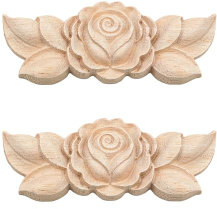 2 piezas ZONADAH de 9 x 3,5 cm de madera tallada en apliques sin pintar con patrón de rosas decorativas para decoración de marcos para puertas de escritorio, armarios, camas, muebles, decoración