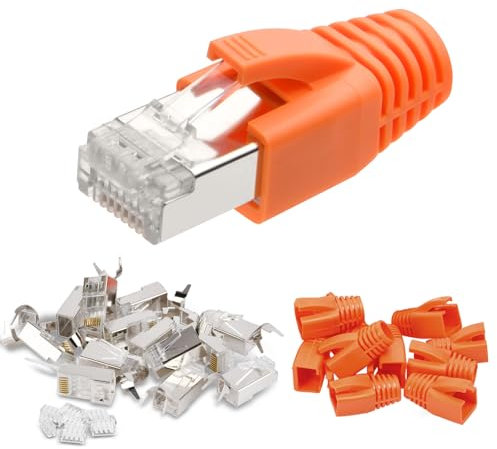 AXFEE RJ45 Stecker Cat7, 10er Set Netzwerkstecker, Lan Stecker für Verlegekabel, mit Knickschutz Orange & Einführhilfe, Unterstützung 1.35 mm-1.45mm, Lan Kabel Ethernet Kabel für CAT 7