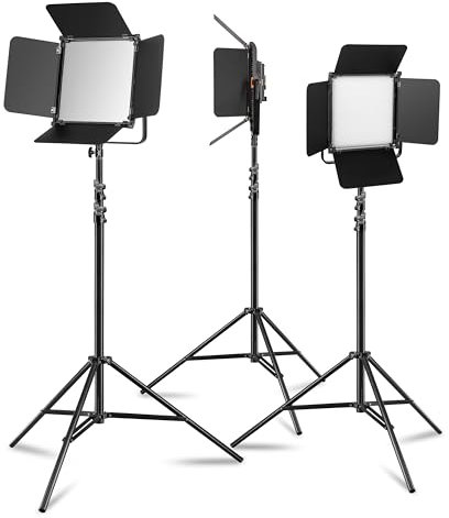 Walimex pro 3X LED Niova 100-F Pro 100 W Bi-Color Flächenleuchte mit 3X Lampenstativ, dimmbare Videoleuchte, Studioleuchte mit weichem Licht, Fotolicht mit Fernbedienung